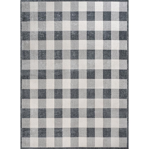 Light Gray/Dark Gray/Cream 5 ft. x 8 ft. Gingham Gradient Plaid Cottage Machine-Washable Area Rug