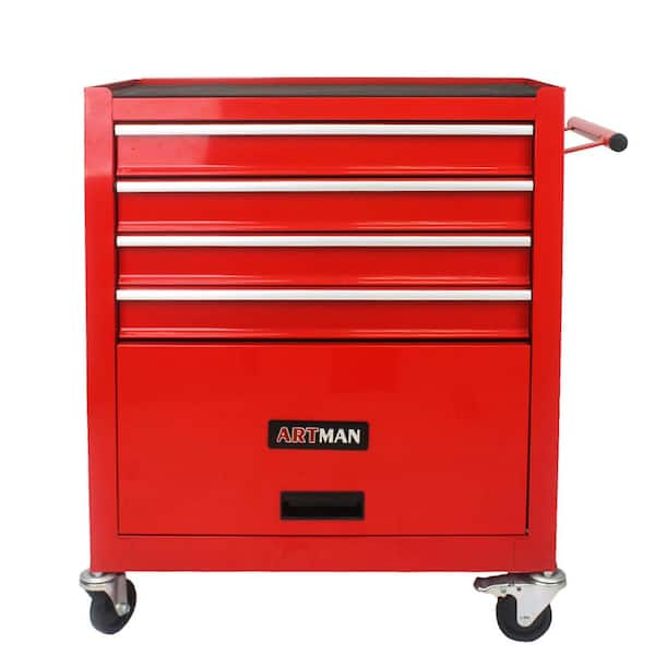 Red 4 Drawers Multi functional Steel Tool Cart with Wheels and Pull Handle