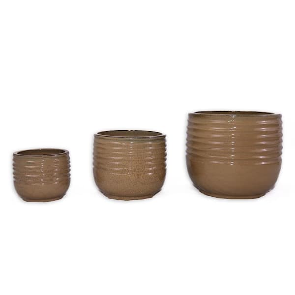 Brandon 6.69 in., 9.06 in. and 12.01 in. Tall Antique Bronze Round Ceramic Patio Outdoor Planter Set (3-Pack)