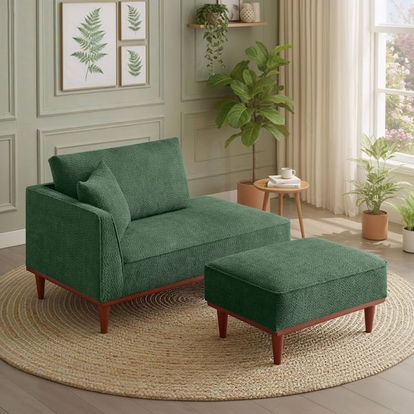 Zelda Modern Green Boucle Polyester Upholstered Chaise Lounge Chair with Ottoman and Throw Pillow
