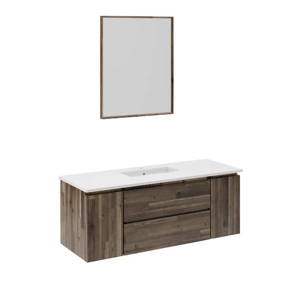 Fresca Formosa 54 in. Single Sink Wall Mount Acacia Bath Vanity with White Quartz Top, Undermount Ceramic Sink and Mirror