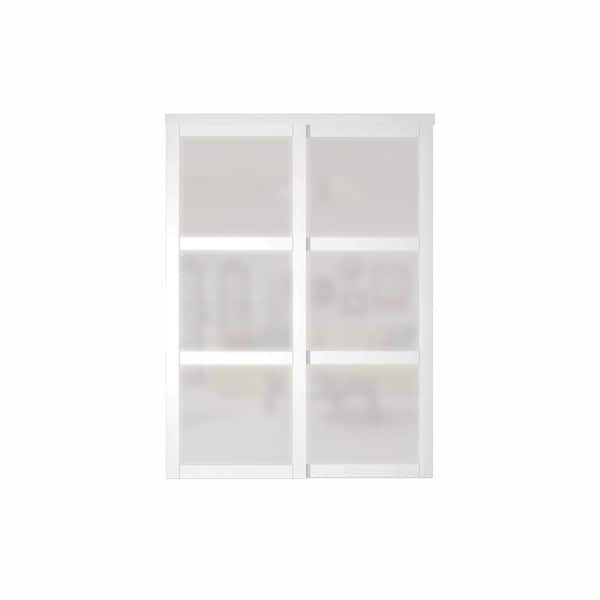 TENONER 60 in. x 80 in. MDF, White Double Frosted 3-Panel Glass Sliding Door with All Hardware