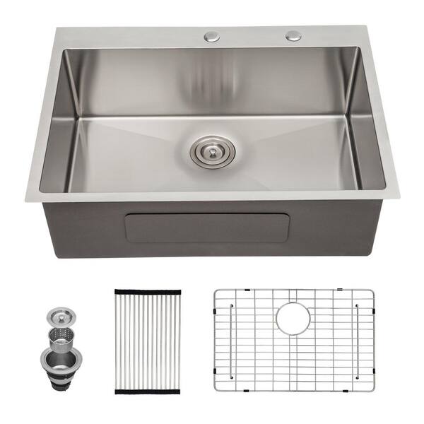 33 In. Drop-In Single Bowl 16 Gauge Brushed Nickel Stainless Steel Kitchen Sink Basin with Drain Assembly