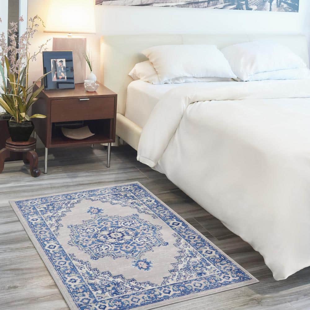 Bohemian Grey Blue Floral Round Synthetic Area Rug