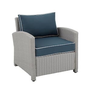 Bradenton Gray Wicker Outdoor Lounge Chair with Navy Cushion