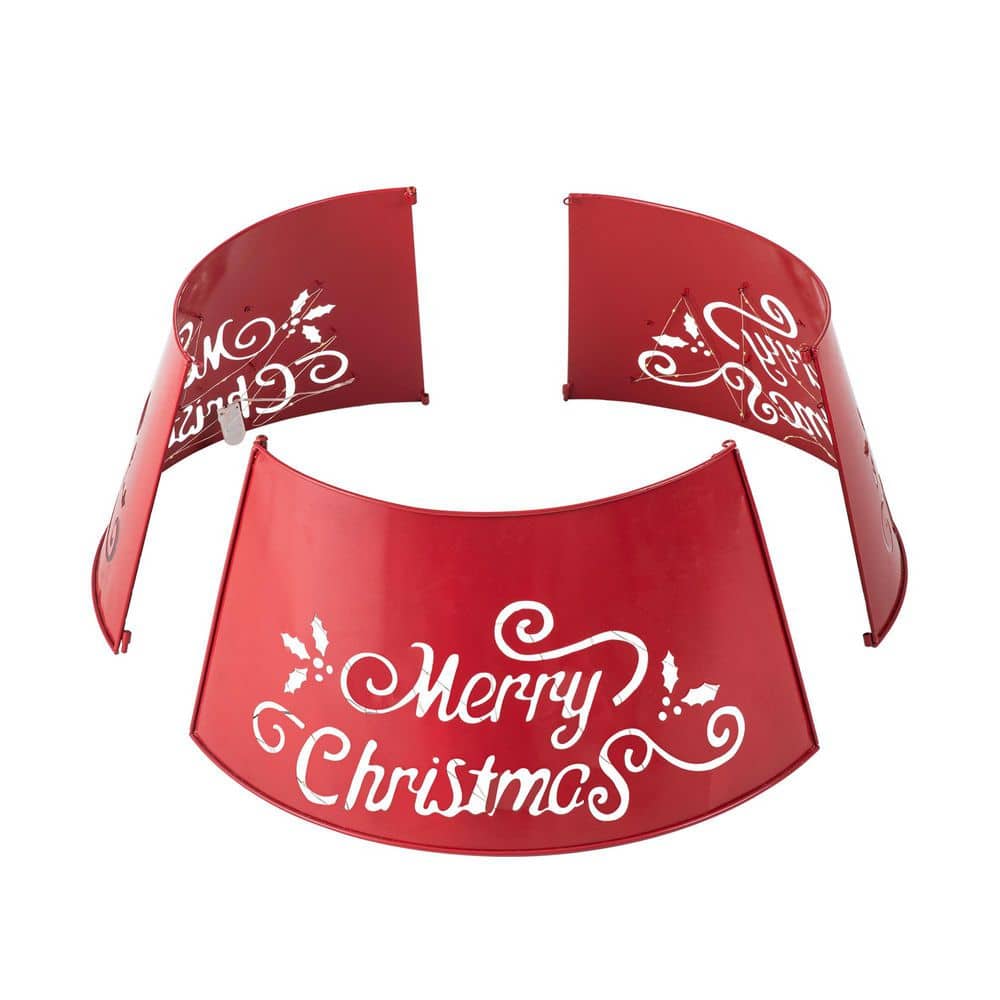 Red Metal Merry Christmas Tree Collar with Lights