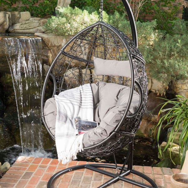 3.15 ft. Hand-woven Rattan Hammock Hanging Chair, Gray Waterproof Seat Cushion, Only Basket Not Include a Hanging Stand