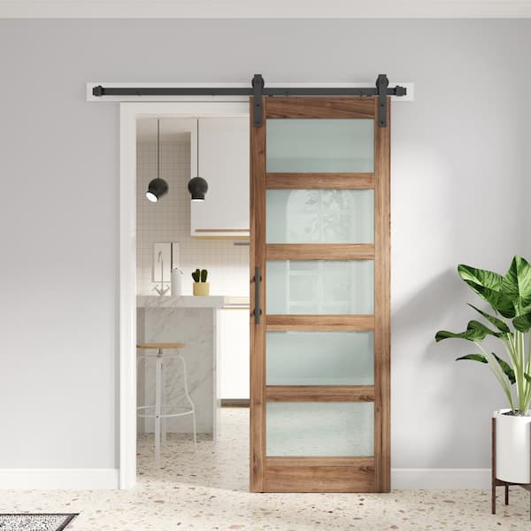32 in. x 84 in. 5-Lite Frosted Glass Brown Finished Solid Wood MDF Assembly Required Sliding Barn Door with Hardware Kit