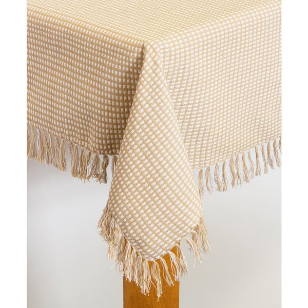 Lintex Homespun Fringed 60 in. x 102 in. Ecru Checkered 100% Cotton Tablecloth