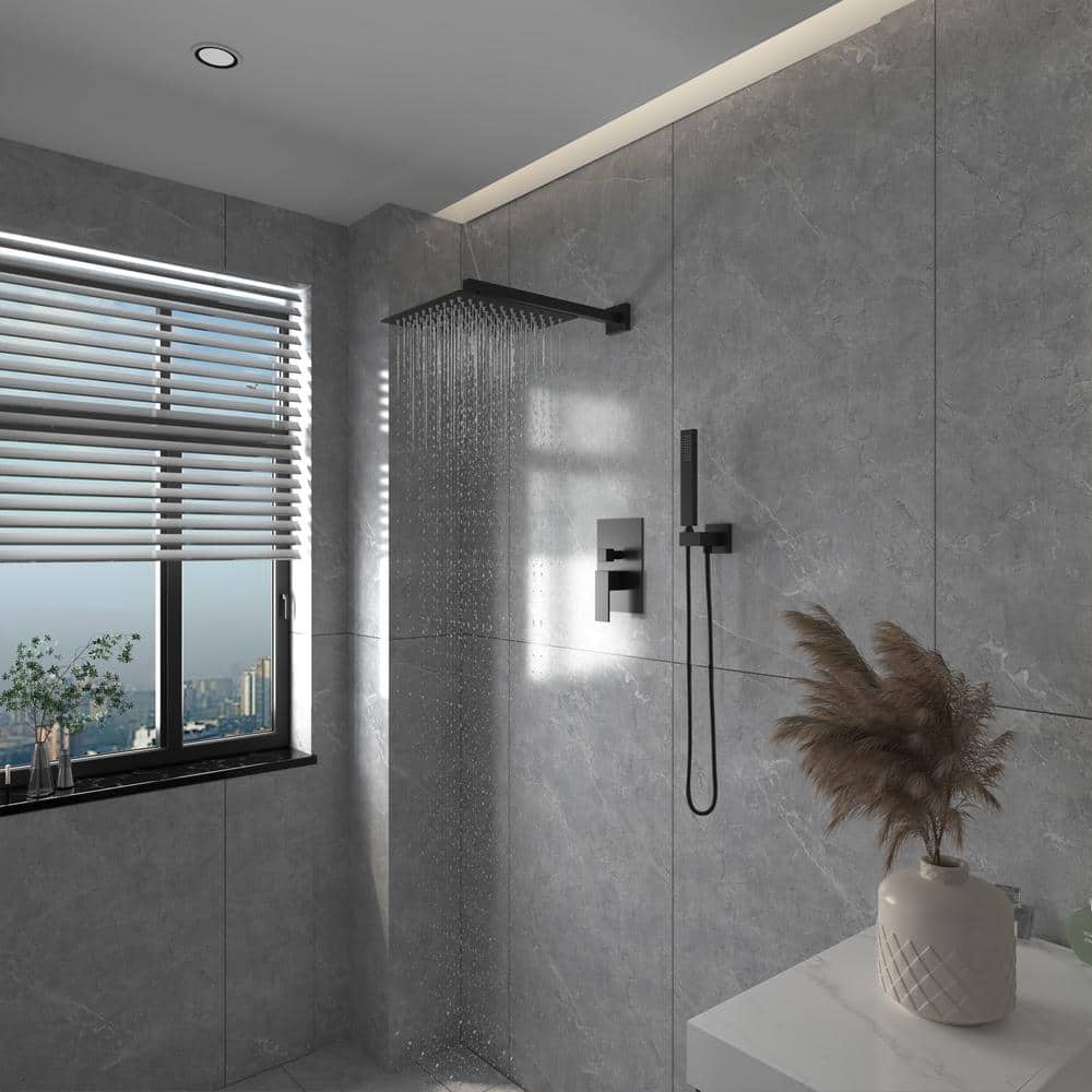 Matte Black 12-Inch Square Rain Shower Faucet Set