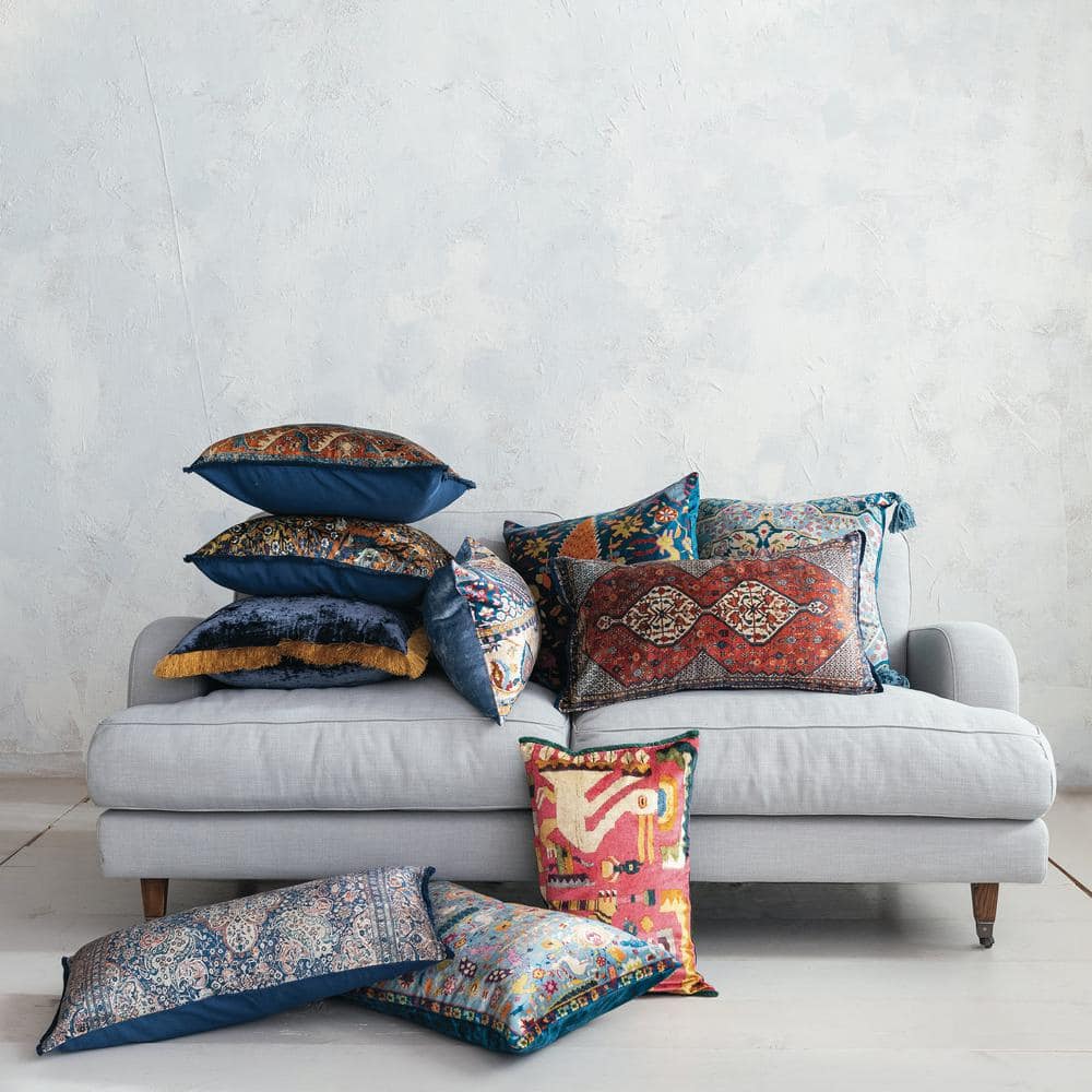 Vintage Multicolor Velvet Square Throw Pillow with Fringe