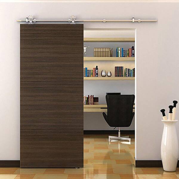 8 ft./96 in. Stainless Steel Sliding Spoke Wheel Barn Door Hardware Kit for Double Door with Non-Routed Floor Guide 8 ft./96 in. Stainless Steel Sliding Spoke Wheel Barn Door Hardware Kit for Double Door with Non-Routed Floor Guide