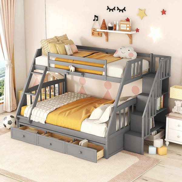 Gray Twin-over-Full Bunk Bed with Drawers, Ladder and Storage Staircase