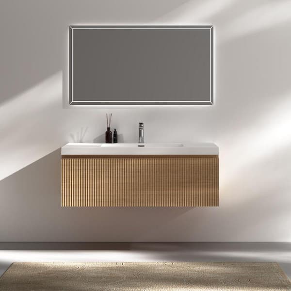 42 in. W Single Sink Natural Oak Floating Bath Vanity with White Solid Surface Top