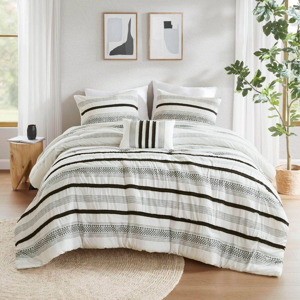Black and White Microfiber Full Bedspread Set with Stripes