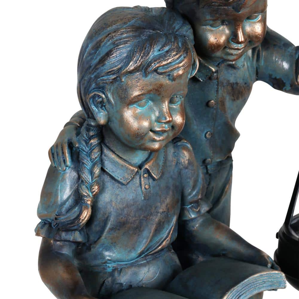 Solar Faux Bronze Girl and Boy Garden Statue with LED Lantern