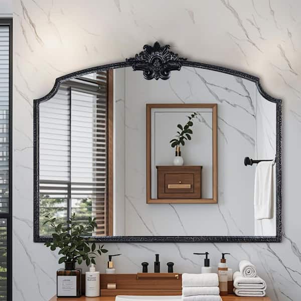 36 in. W x 29 in. H Ornate Baroque Arched Vintage Black Framed Wall Bathroom Vanity Mirror Dresser Decorative Mirror