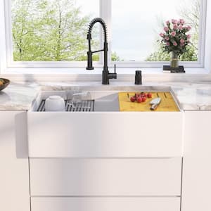 Yorkshire Crisp White Fireclay 33 in. x 20 in. Single Bowl Farmhouse Apron Workstation Kitchen Sink with Accessories