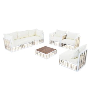 Minimalist 7-Piece White Frame Natural Rattan Metal Patio Outdoor Sectional Sofa Set with Ivory Cushions Coffee Table