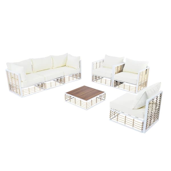 Unbranded Minimalist 7-Piece White Frame Natural Rattan Metal Patio Outdoor Sectional Sofa Set with Ivory Cushions Coffee Table