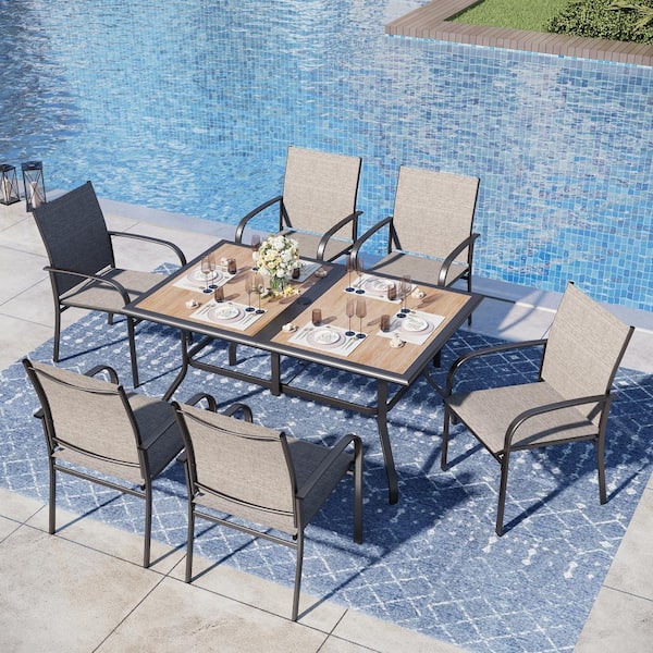 Black 7-Piece Metal Outdoor Patio Dining Set with Wood-Look Umbrella Table and Brown Textilene Chairs