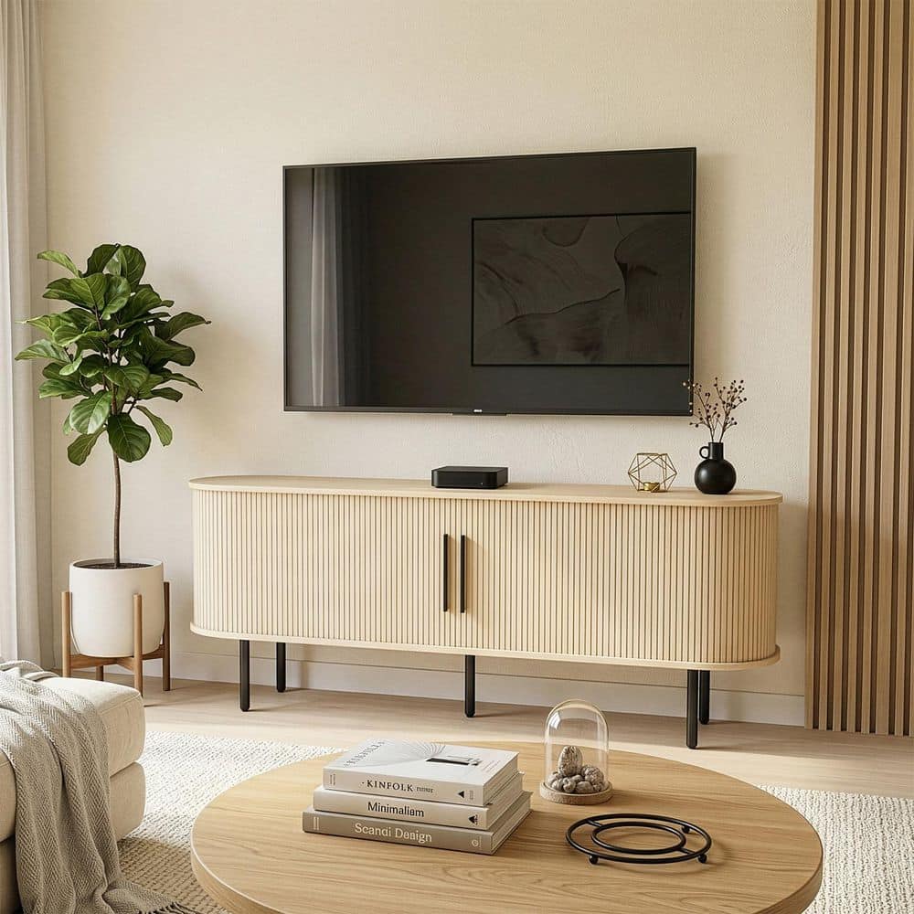 58 in. Oak TV Stand Fits TVs up to 43 to 60 in. TV Stand with Sliding Tambour Door