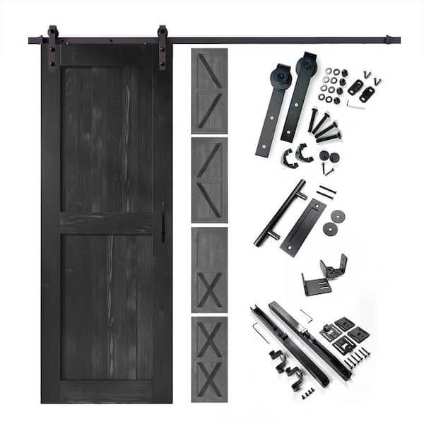 HOMACER 34 in. x 80 in. 5 in. 1 Design Black Solid Pine Wood Interior Sliding Barn Door Hardware Kit, Non-Bypass