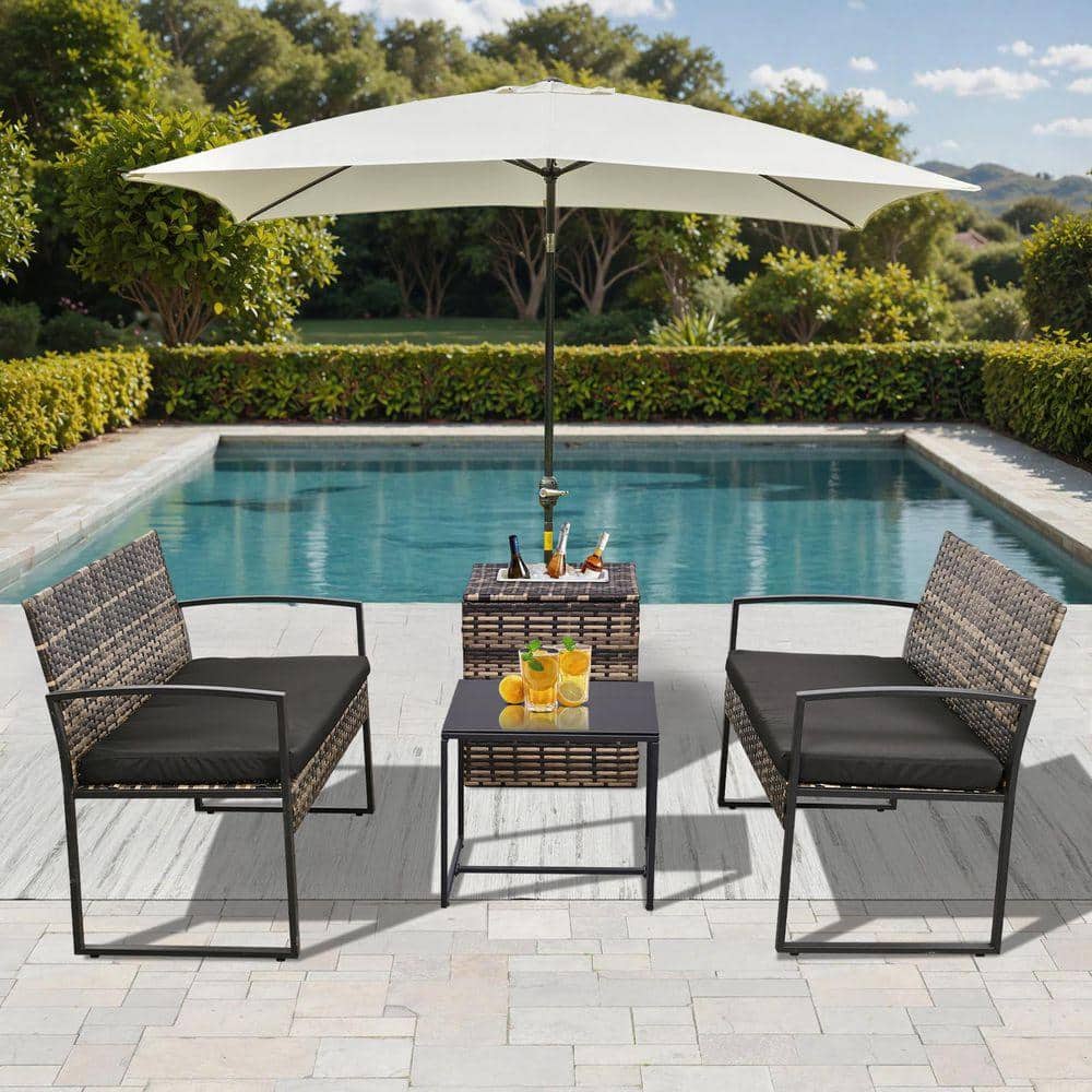 MIRAFIT 4-Piece Wicker Bistro Patio Conversation Set with Gray Cushions ...