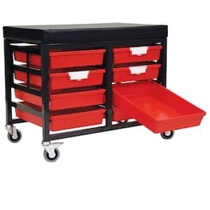 StorBenchSeat With Cushioned Seat and 8 Storsystem Trays and Bins-Red