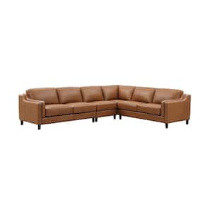 Bella 132 in. Square Arm 4-Piece Leather L-Shaped Lawson 6-Seater Sectional Sofa in Brown with Removable Cushions