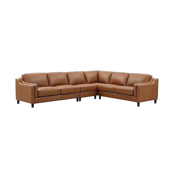Hydeline Bella 132 in. Square Arm 4-Piece Leather L-Shaped Lawson 6-Seater Sectional Sofa in Brown with Removable Cushions