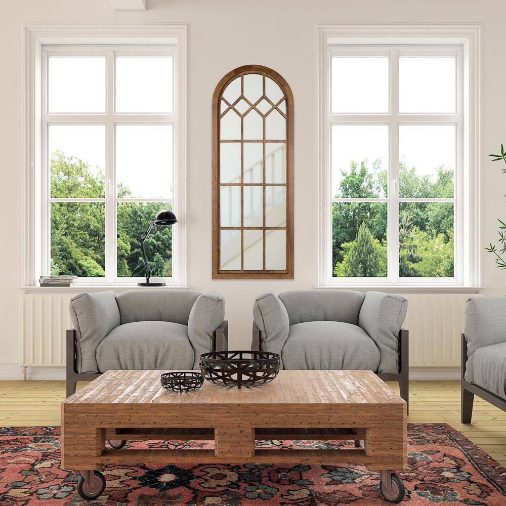 Rustic Brown Arch Wood Framed Windowpane Wall Mirror, 18 x 47