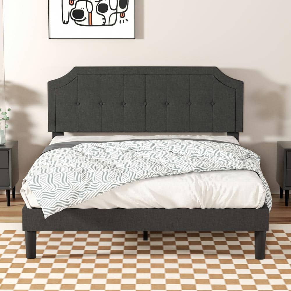 VECELO 53.93 in. W Gray Full Size Bed Frame with Headboard Upholstered