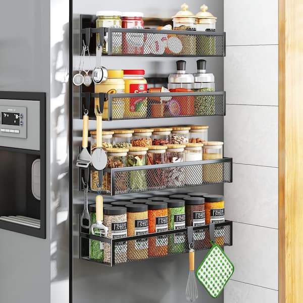 4-Pack Black 3.94 in. x 12.2 in. x 3.15 in. Magnetic Spice Rack for Refrigerator with Moveable 8-Hooks for Kitchen