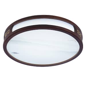 20.47 in. Brown Chinese Style Flush Mount 3-Color Ceiling Light with Wooden Frame and Acrylic Shade