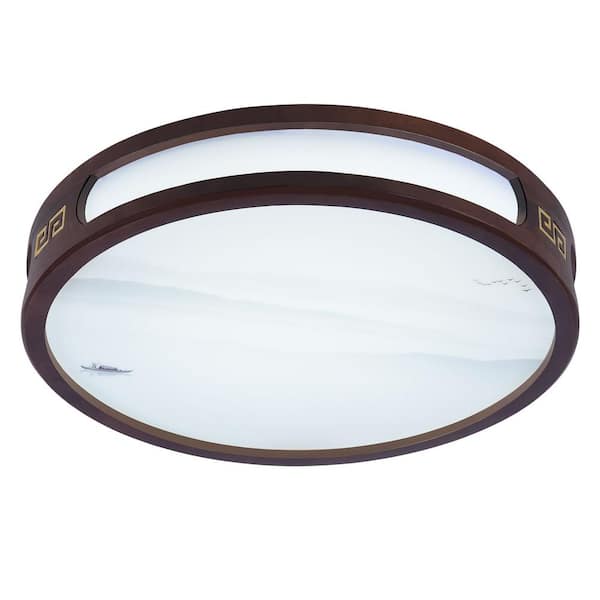 OUKANING 20.47 in. Brown Chinese Style Flush Mount 3-Color Ceiling Light with Wooden Frame and Acrylic Shade
