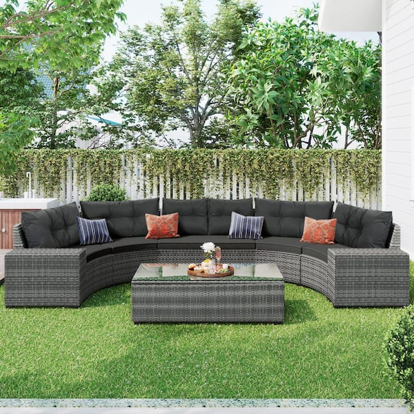 Unbranded 8-Piece Half-Moon Wicker Outdoor Sectional Set with Rectangular Coffee Table, Movable Gray Cushion for Patio