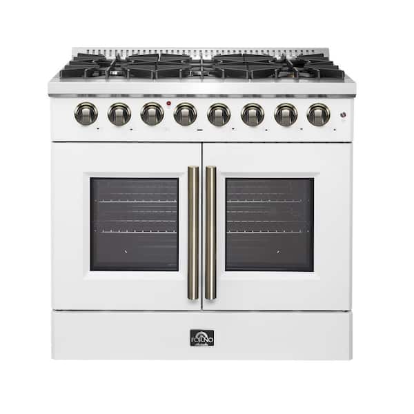Galiano 36 in. French Door Dual Fuel Range, White and Antique Brass, 5.36 cu. ft. True Convection Oven