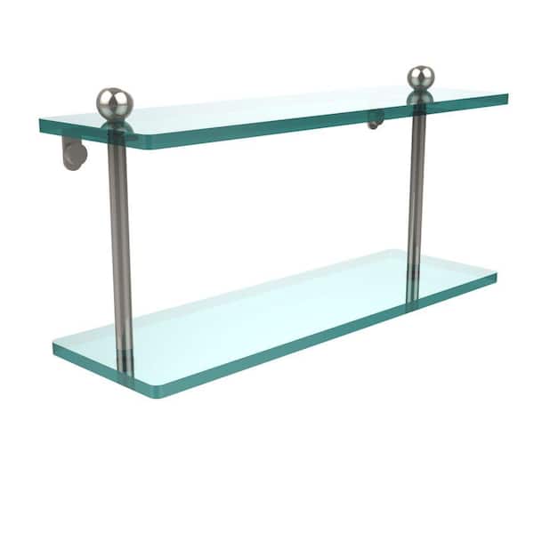 Allied Brass 16 in. L x 8 in. H x 5 in. W 2-Tier Clear Glass Bathroom Shelf in Polished Nickel