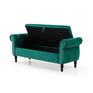 63 in. W x 22.1 in. D x 24 in. H Green Velvet Tufted Storage Bench With A Pillow