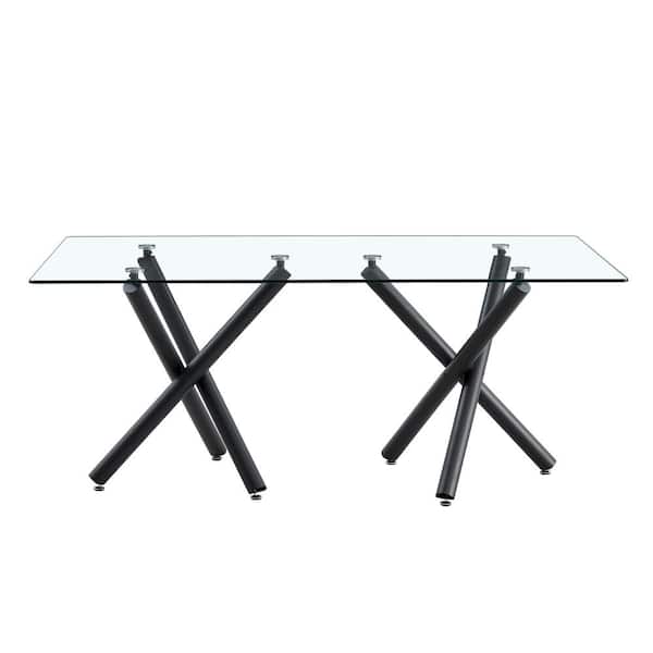 Polibi Large Modern Rectangular Clear Glass Dining Table 71 in. Black