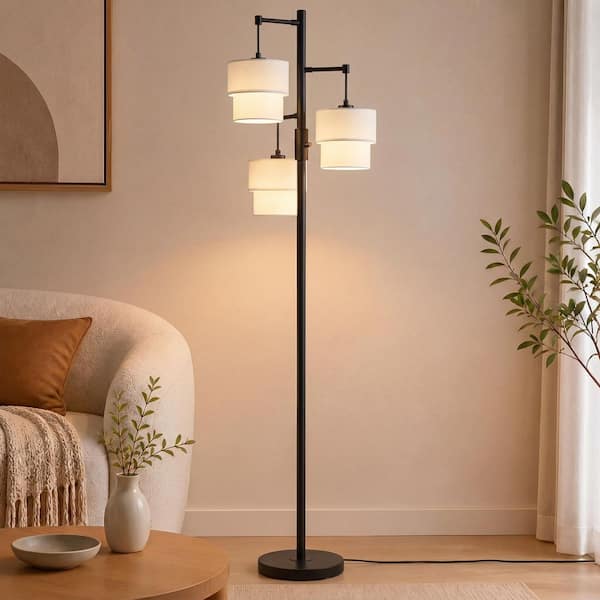 KAWOTI 64.5 in. Black Modern 3-Light Tree Floor Lamp with Tiered