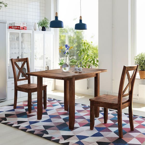 Unbranded Brown 3-Piece Rubber Wood Outdoor Dining Set, Drop Leaf Breakfast Nook Dining Table Set with 2 X-back Chairs
