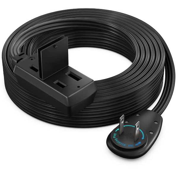 20 ft. 16/2 Light Duty Indoor Extension Cord 360° Rotating Flat Plug 2-Prong Flat Wire with Cover, Black