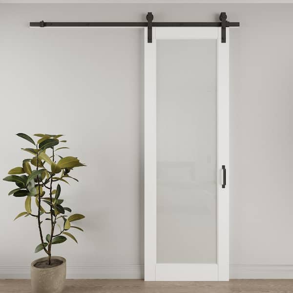 32 in. x 96 in. 1-Lite Tempered Frosted Glass White Primed MDF Composite Sliding Barn Door with Hardware Kit