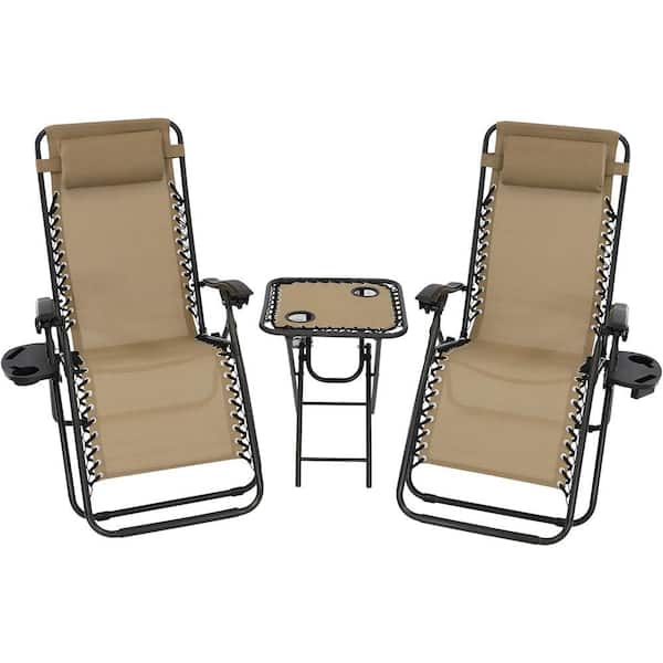 Sunnydaze Zero Gravity Khaki Sling Beach Chairs with Side Table (Set of 2)