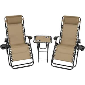 Zero Gravity Khaki Sling Beach Chairs with Side Table (Set of 2)