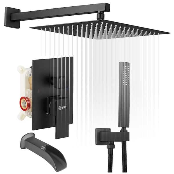 BWE Single Handle 3-Spray Patterns 10 in. Tub and Shower Faucet 2.5 GPM in. Matte Black (Valve Included)