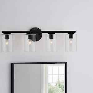 Champlain 31-1/2 in. 4-Light Matte Black Modern Bathroom Vanity Light with Clear Seeded Glass Shades