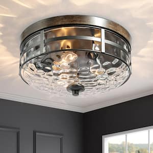 Modern Farmhouse Drum Ceiling Light 3-Light Rustic Wood Accent Flush Mount Ceiling Light with Water-Rippled Glass Shade